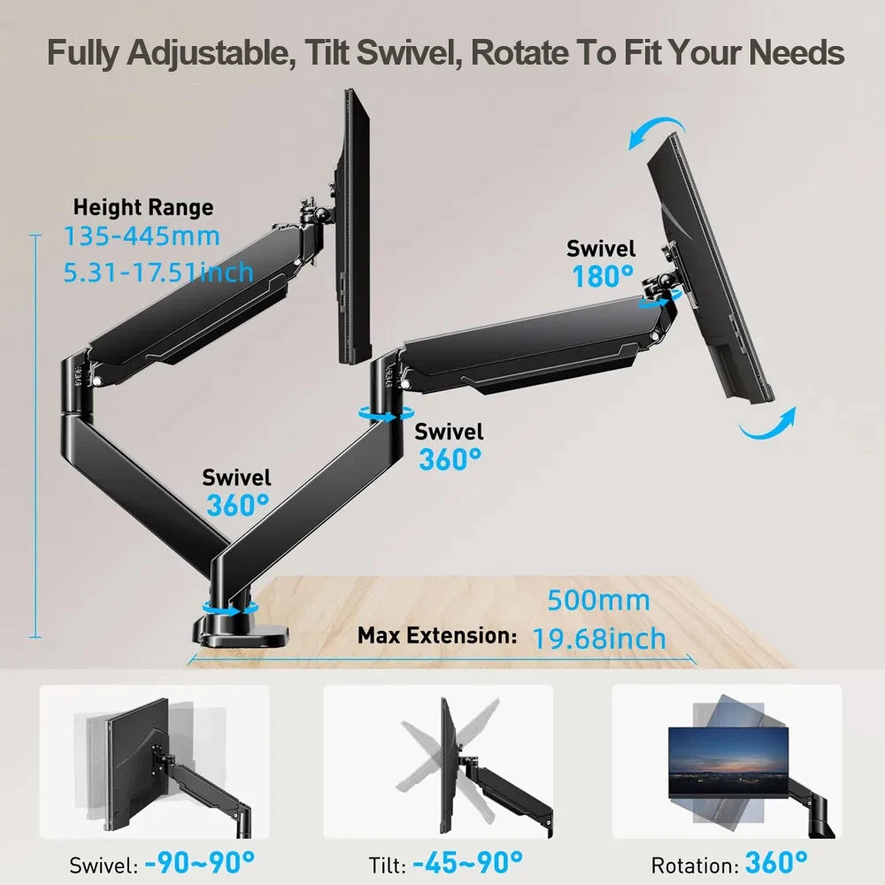 Dual Monitor up to 32 inches and 19.8 lbs per Screen Mechanical Arm Desk Mount VESA 100x100mm Height Adjustable Monitor Stand