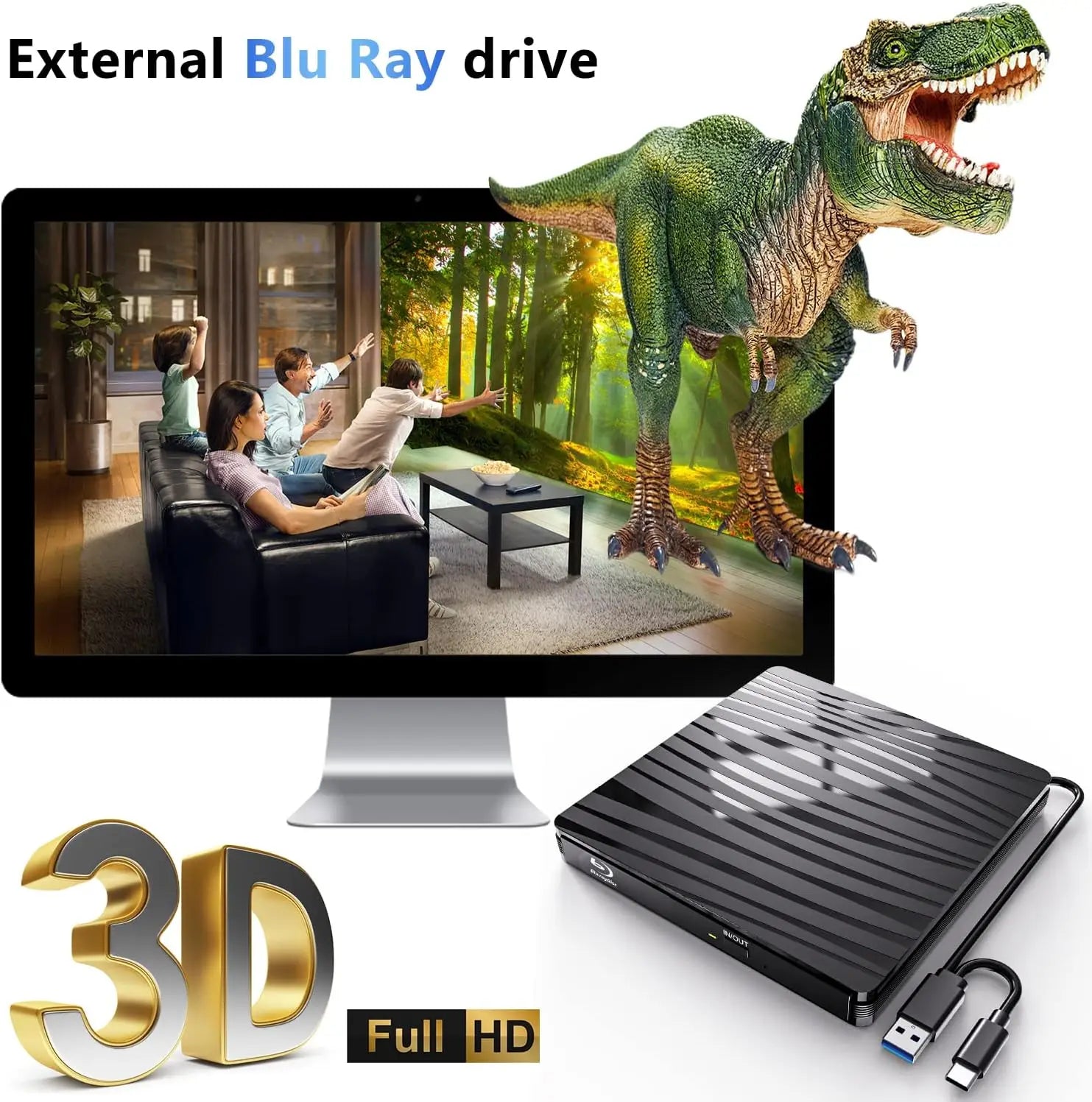 USB3.0 External Blu-ray Optical Drive for Laptop PC Windows 11/10 Mac Portable 3D BD-RW Drive BD DVD CD Player Burner Reader