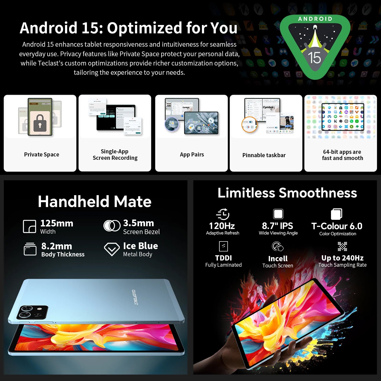 Teclast T50 Mini Android 15 Tablet 8.7" IPS 120Hz G99 8-core Max 20GB(8GB+12GB Expansion) RAM 128GB ROM Dual 4G LTE Type-C GPS