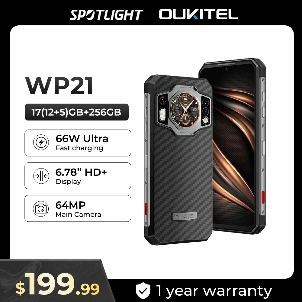 Oukitel WP21 Rugged Cell Phone Night Vision, 9800 mAh, Mobile phone 12GB+256GB, 64MP Camera, Smartphone 66W,120 Hz Helio G99