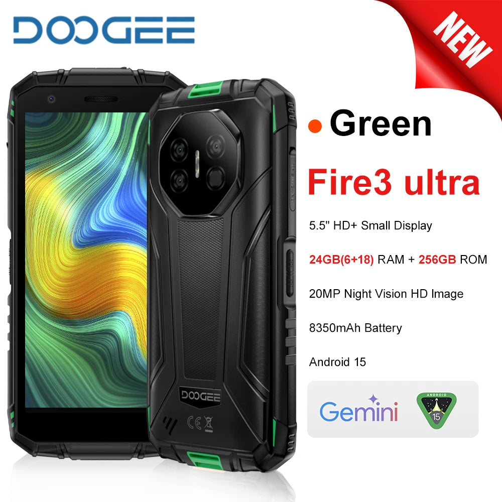 2025 NEW DOOGEE Fire 3 Ultra Rugged Smartphon 5G 5.5" HD 24GB RAM 256GB ROM Cell Phone 8350mAh Android 15 NFC Telephone Portable