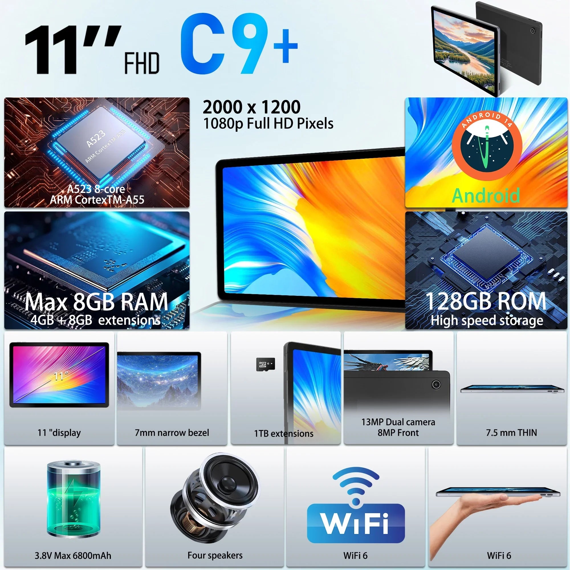 URAO C9+ 11 Inch Tablet Android 14 12GB RAM 128GB ROM(1TB TF Extensions) Octa-Core 2K Widevine L1 IPS 8MP+13MP 6800mAh Case Pen