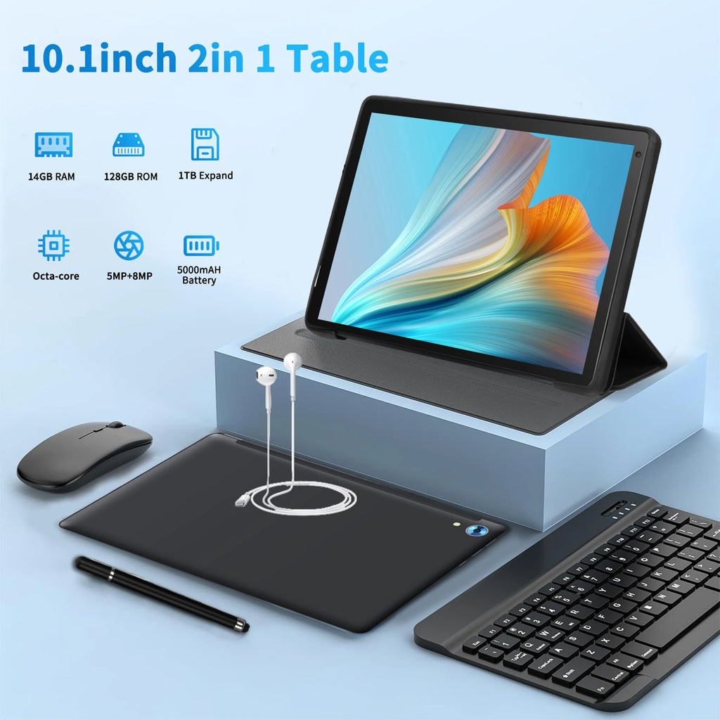 C108 10.1 Inch Tablet Octa-Core Processor 10GB RAM 128GB ROM Android 14 With Case Headphones Wireless Keyboard Mouse Stylus Pen