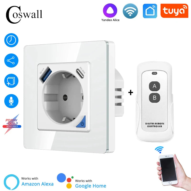 Alice Zigbee Tuya Smart EU Wall Socket With PD 20W Type-C & A Dual USB Fast Charger With Power Monitoring Glass Plate Panel