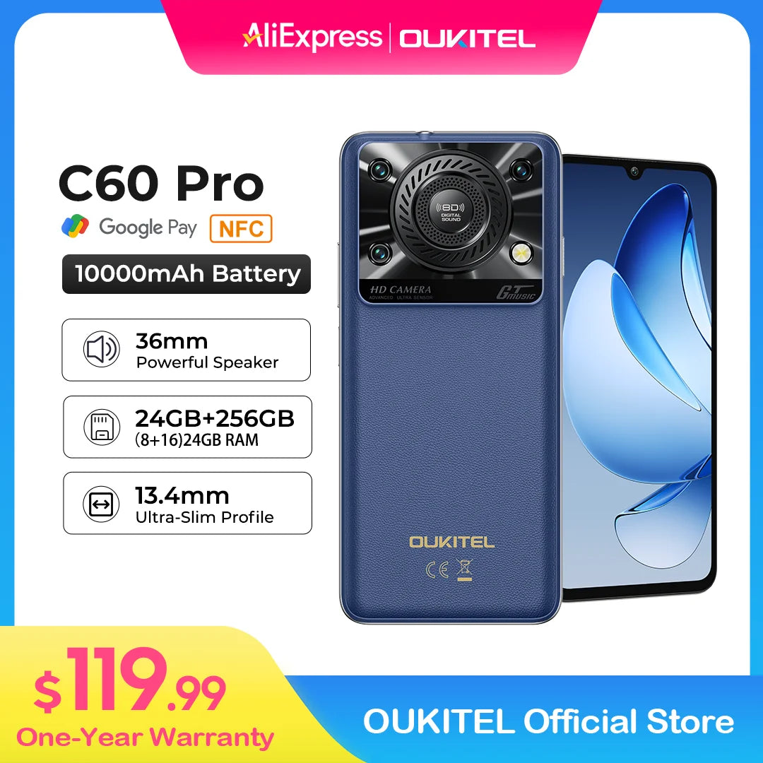 Oukitel C60 PRO smartphone 10000mAh Battery 24GB+256GB 6.88"HD 90Hz Android 15 13.4nm 36mm Powerful Speaker cell phone
