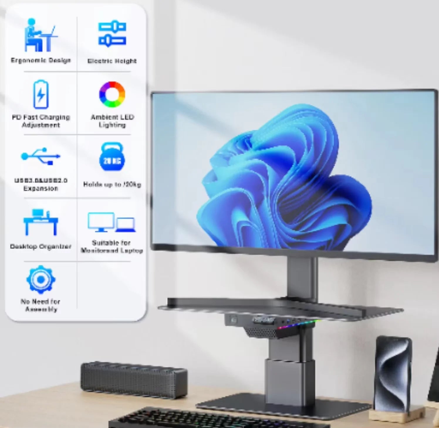 Factory Custom Logo Box Desktop Aluminum Metal Auto Adjustable RGB Lights Computer Laptop Monitor Stand Riser USB