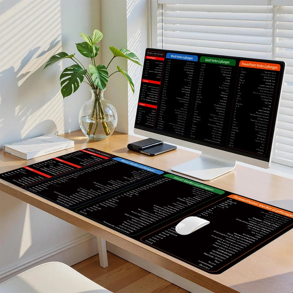 German Excel Shortcuts Pattern Large Mouse Pad Office Desk Mat Computer Keyboard Pad Starters Gift for Office Workers Students