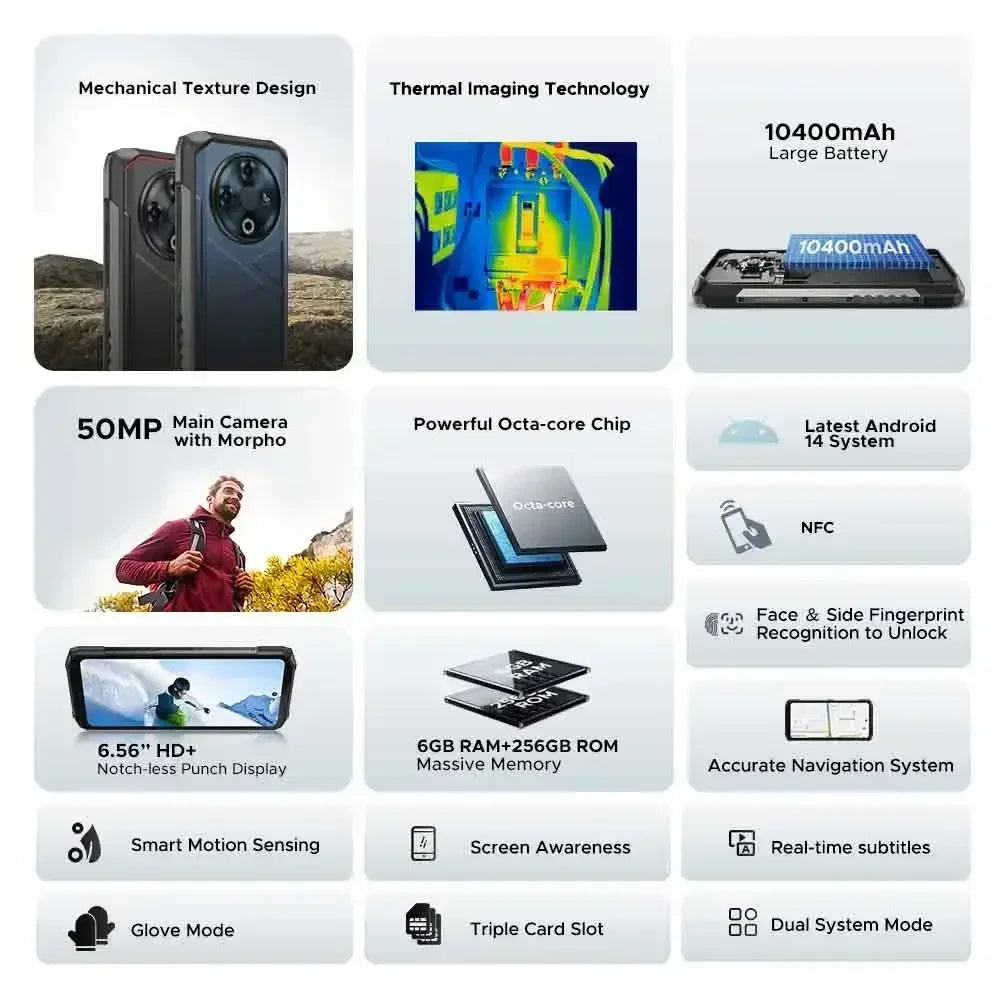 DOOGEE Fire 6 Thermal Imaging Rugged Smartphone 16GB(6+10) 256GB 6.56" Display 50MP Camera 10400mAh/18W Android 14 Cellphone