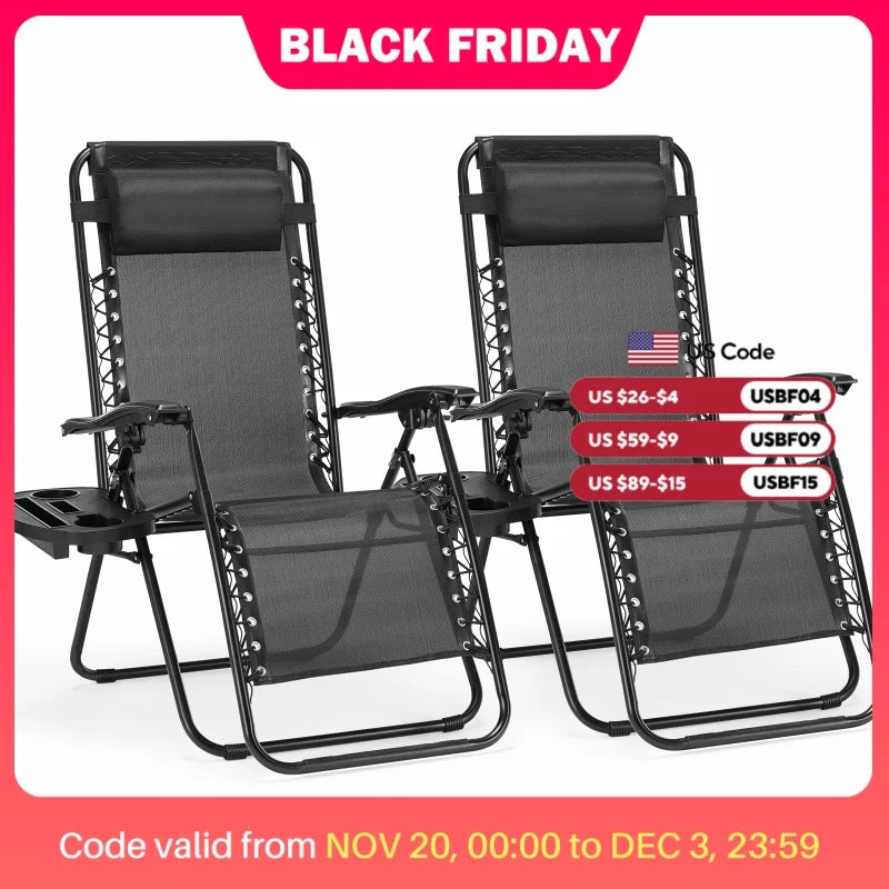 JHK Zero Gravity Set of 2 Portable Recliner Camping Patio Outdoor Garden Lounge Chair with Cup Holder Trays Adjustable Pillow