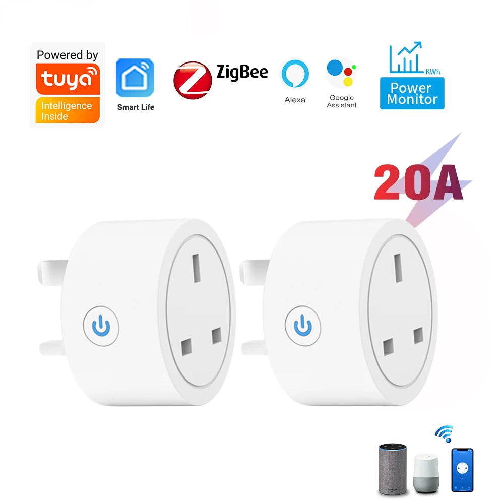 20A Tuya Zigbee Smart Socket UK Plug Adapter Power monitoring with Zigbee Hub for Intelligent Control Support Google Home Alexa