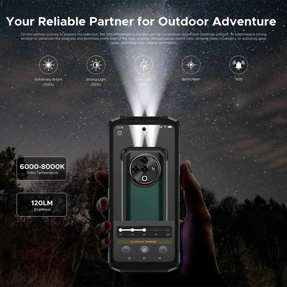 DOOGEE Fire 6 Power Rugged Phone Dual Light Flashlight 6.56-inch HD+ 90Hz Display 8GB+256GB 50MP Main Camera 15500mAh Cellphone