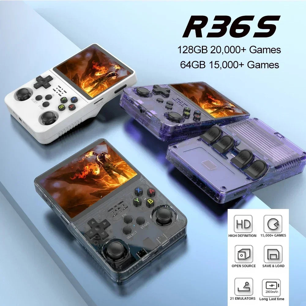 Open Source R36S Retro Handheld Video Game Console Linux System 3.5 Inch IPS Screen Portable Pocket Video Player R35S 64GB Games