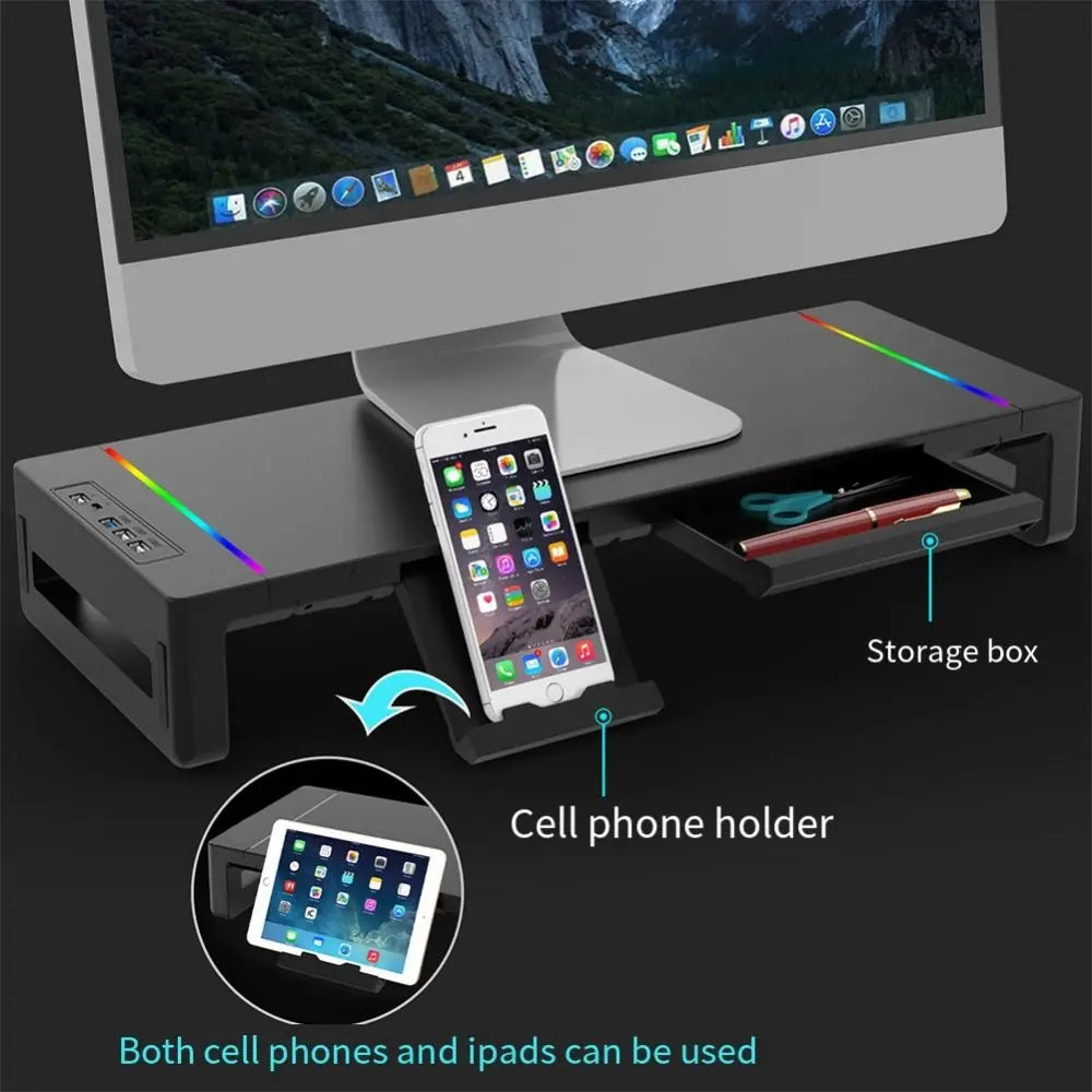 RGB Lights Monitor Stand Riser with USB USB 3.0 & 2.0 Hub with Storage Drawer Laptop Holder Ergonomic Foldable