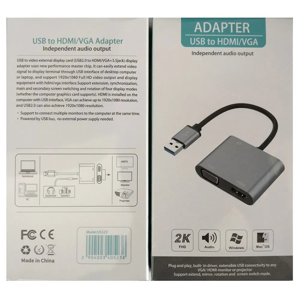 USB to HDMI-compatible VGA Adapter 1920*1080P Dual Output Multi-Display Converter For Mac OS Windows 7/8/10/11 Laptop Computer