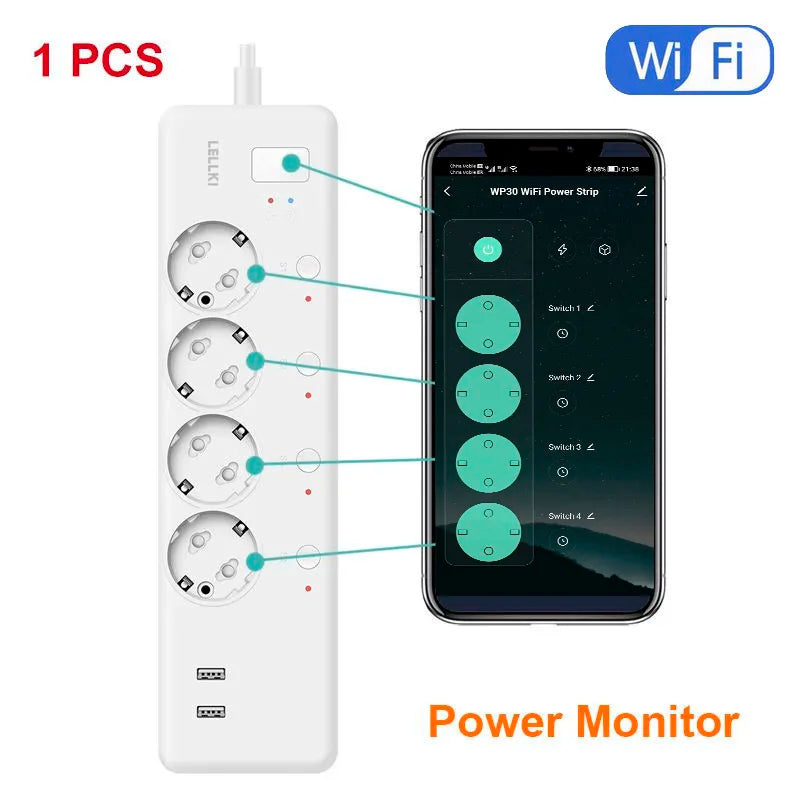 LELLKI Zigbee Power Strip Energy Monitoring Wifi Smart Usb Socket 220V Eu Korea Plug Tuya Smart Life Home Alexa Google Yandex