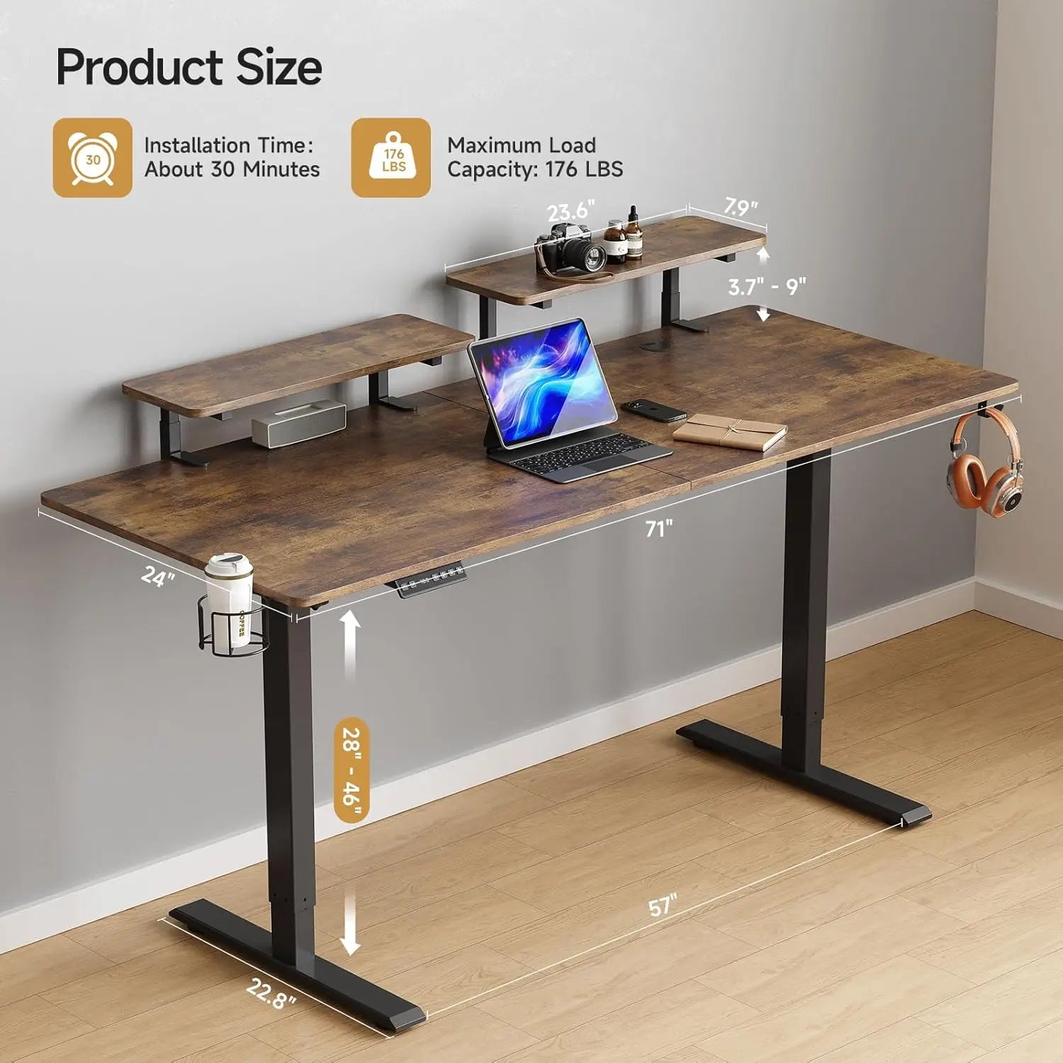Standing Desk w/ 2 Adjustable Monitor Shelves,Electric Stand Up Desk with Memory Controller & Adjustable Height