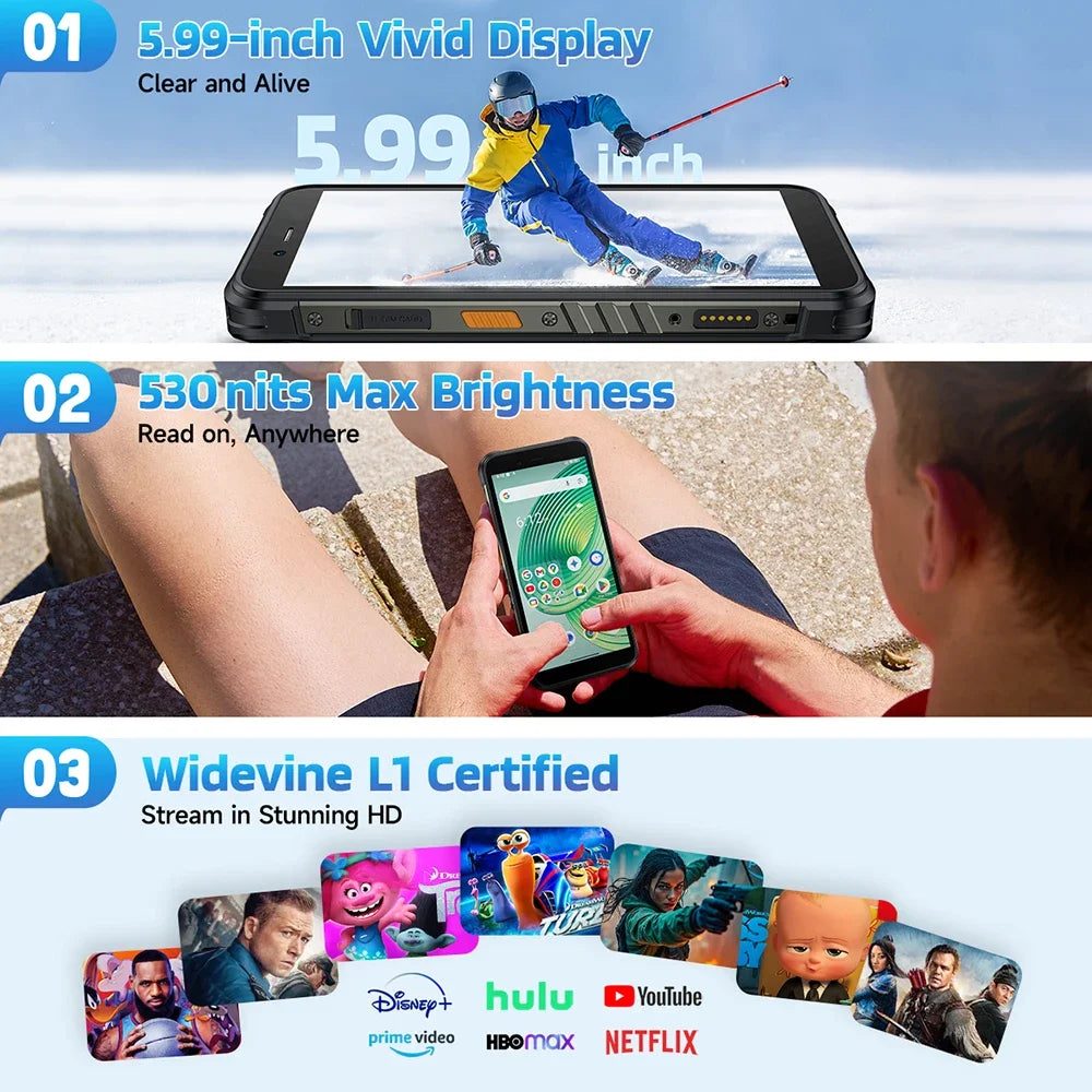 Ulefone RugKing 4G Rugged Smartphone Android 15 Waterproof 5.99 Inch 8+256GB Mobile Phone 9600mAh 50MP Main Camera Cellphone NFC