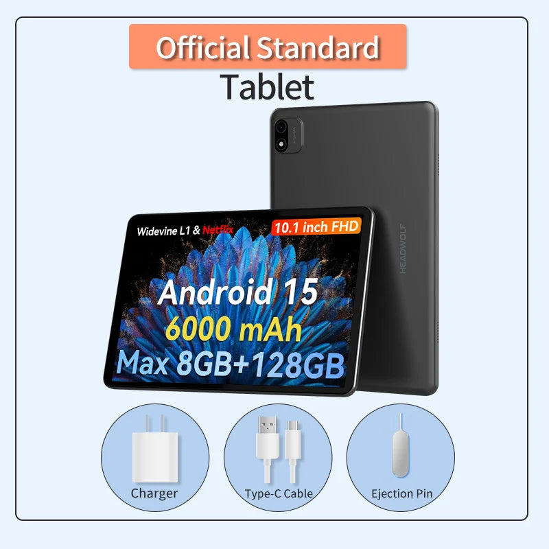 Headwolf WPad6 Android 15 WiFi Tablet 10.1 inch FHD 1920 * 1200, 4+4GB RAM + 128GB ROM/Widevine L1/6000mAh