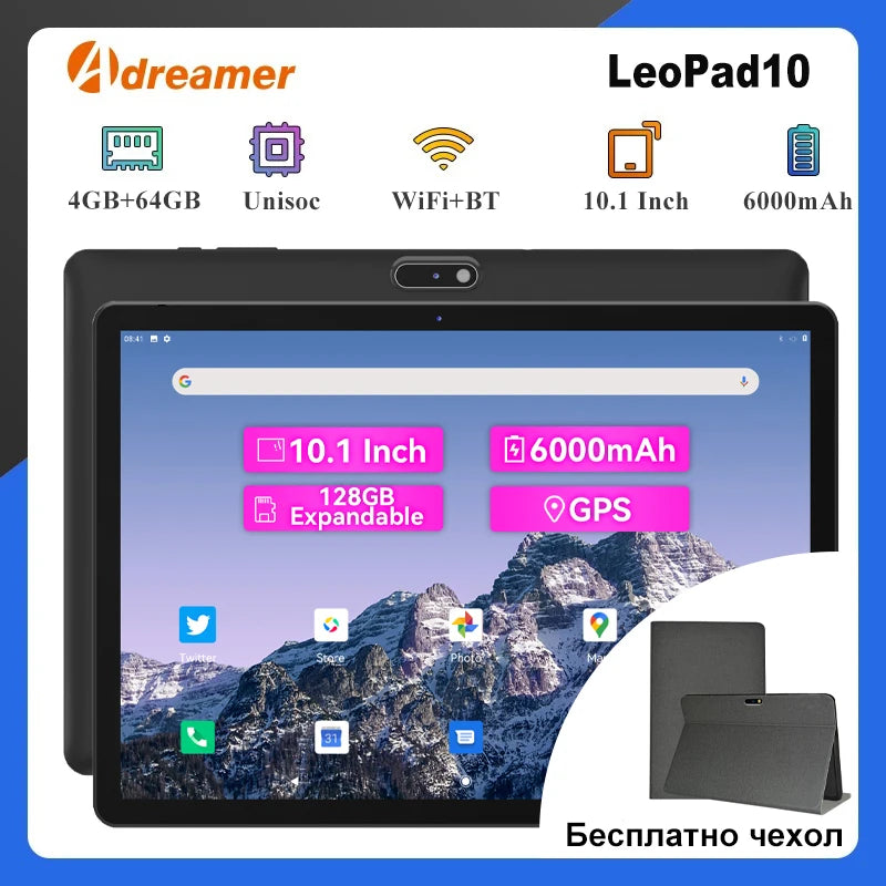 Adreamer LeoPad10 Tablet Android 11 10.1 Inch 8-Cores 4GB RAM 64GB ROM 1280x800 IPS 6000mAh Dual Camera Type-C Metal Body