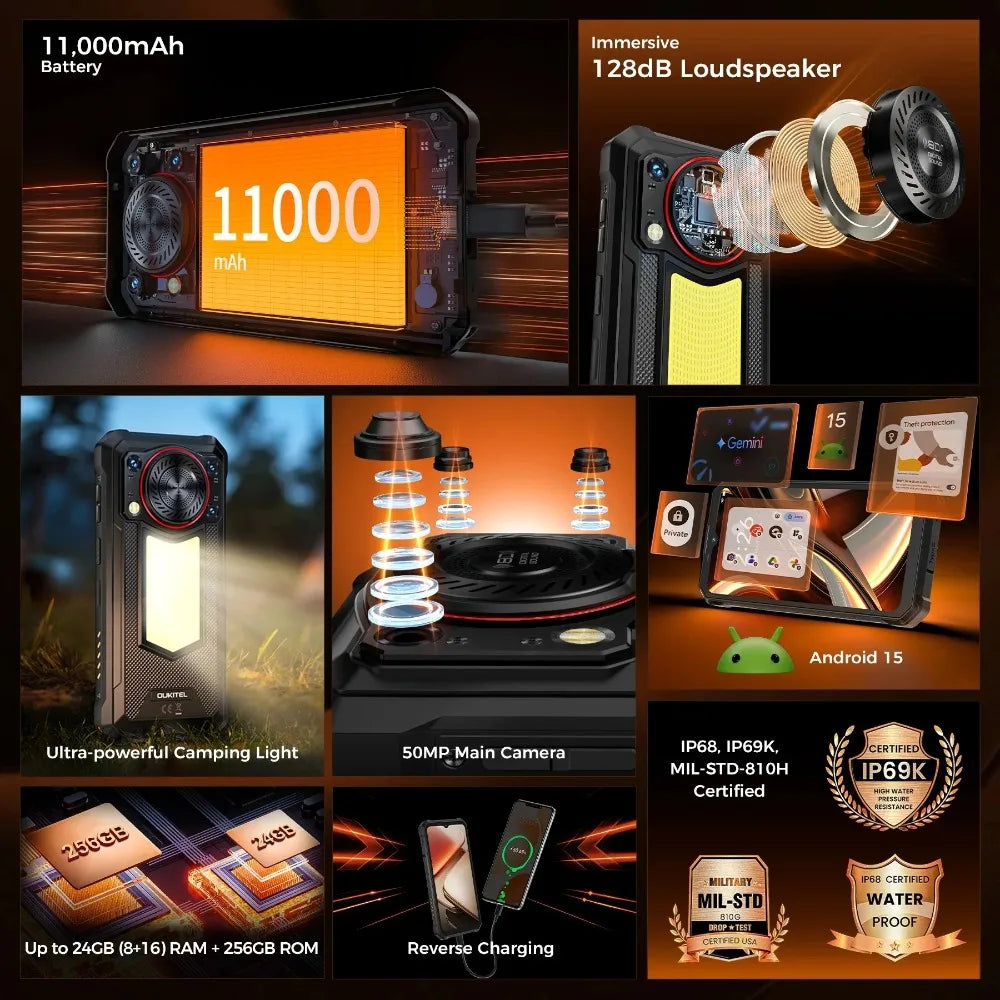 OUKITEL WP53 PRO 4G Rugged Smartphone Android15 6.52 Inch 24GB RAM+256GB ROM Mobile Phone 11000mAh 50MP 18W Cell Phones NFC