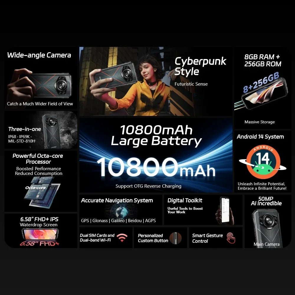 DOOGEE S Cyber 8GB 256GB Smartphone 10800mAh Large Battery 6.58" IPS Screen Cellphones 50MP AI Camera Android 14 Mobile Phone