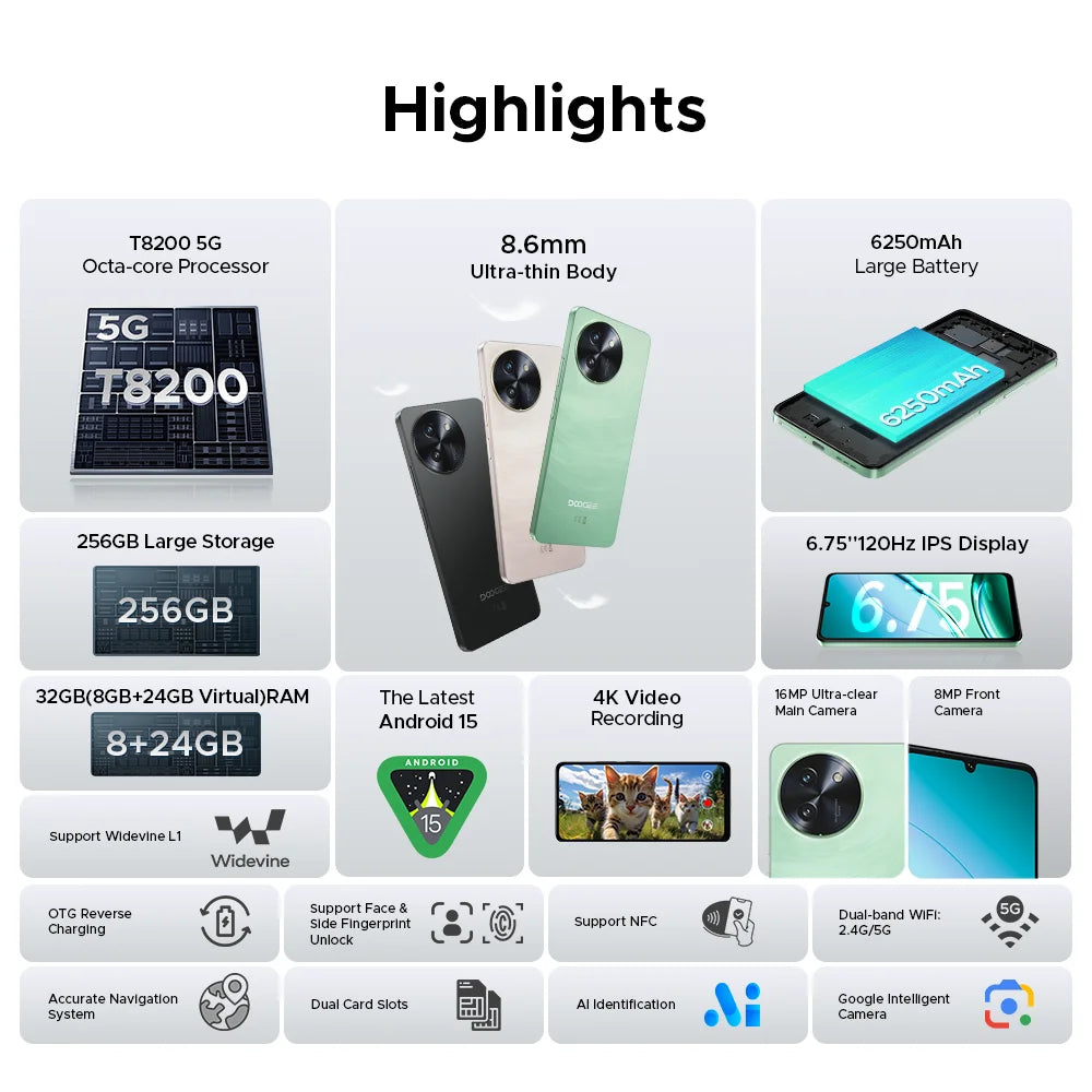 Global Version DOOGEE Note59 Pro 5G Smartphone Android 15 Mobile Phone 8GB RAM 256GB ROM 6.75" HD+ 6250mAh Battery NFC Cellphone