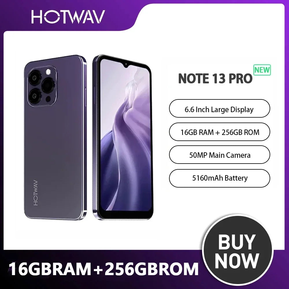 HOTWAV Note 13 Pro Smartphone 6.6 Inch HD+ 90Hz 16GB+256GB Mobile Phone 50MP AI Camera 5160mAh 18W Fast Charging Cell Phone NFC