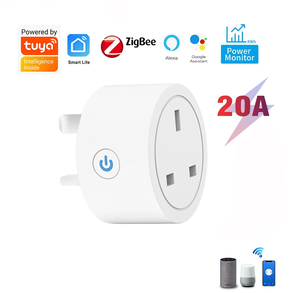 20A Tuya Zigbee Smart Socket UK Plug Adapter Power monitoring with Zigbee Hub for Intelligent Control Support Google Home Alexa