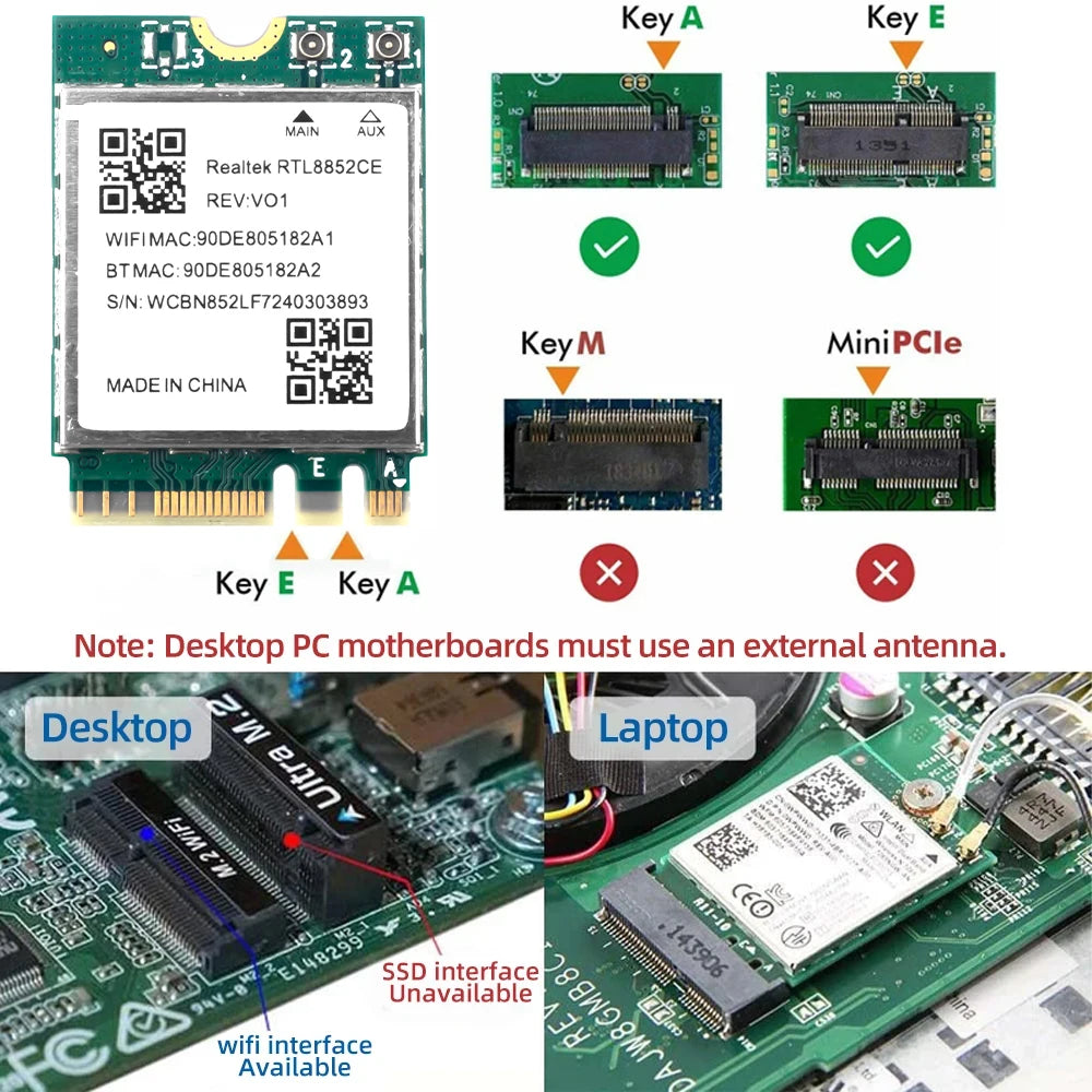 Triple Band WiFi 6E Bluetooth 5.3 Adapter 5400Mbps Wireless Signal Receive Card NGFF M.2 for Windows 10/11 RTL8852CE Like AX210