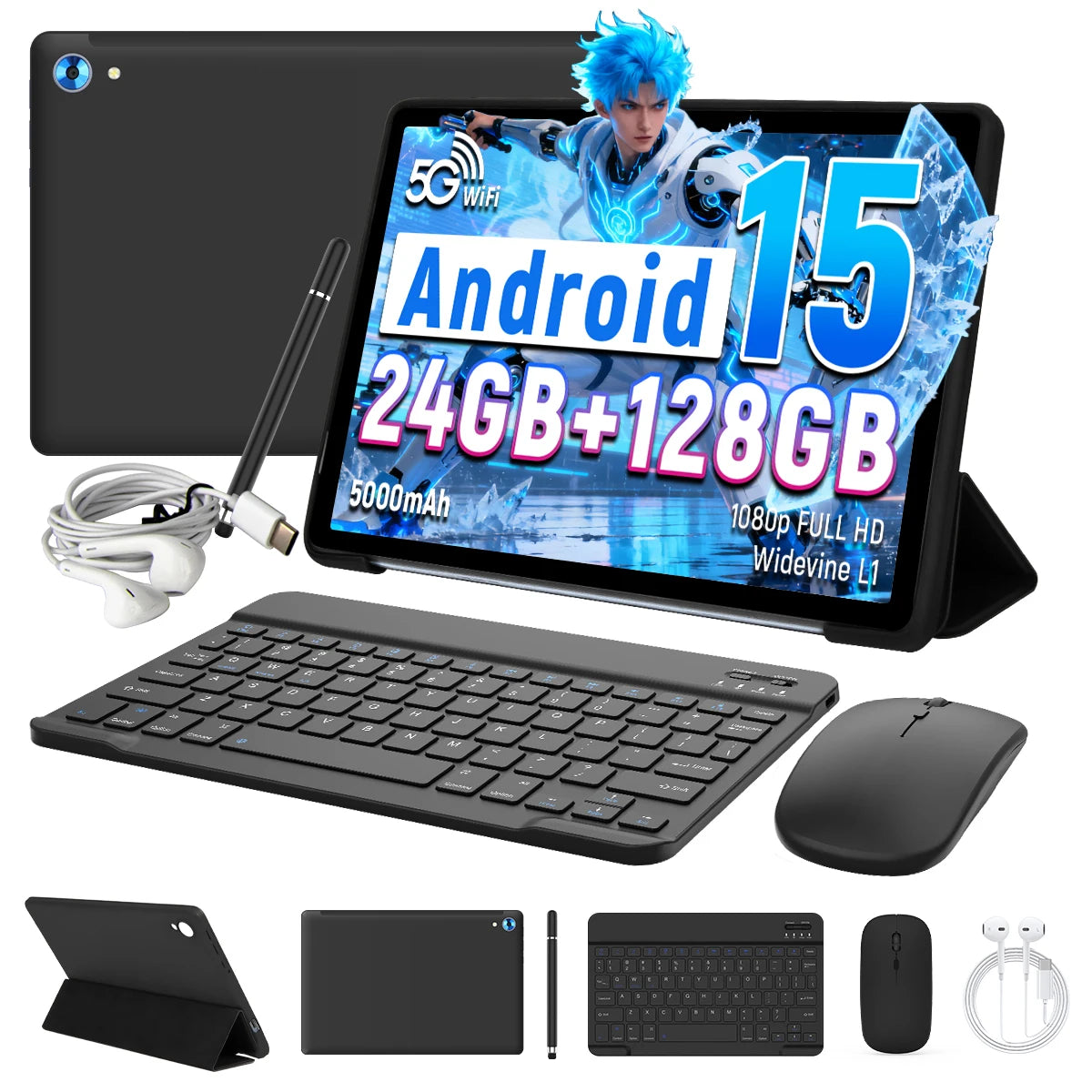 Tablet 10.1 Inch Android 15 Tablet 24GB RAM 128GB ROM (1TB TF) Octa-Core Dual Camera WiFi 6 Bluetooth Fast Charging PC Tablets