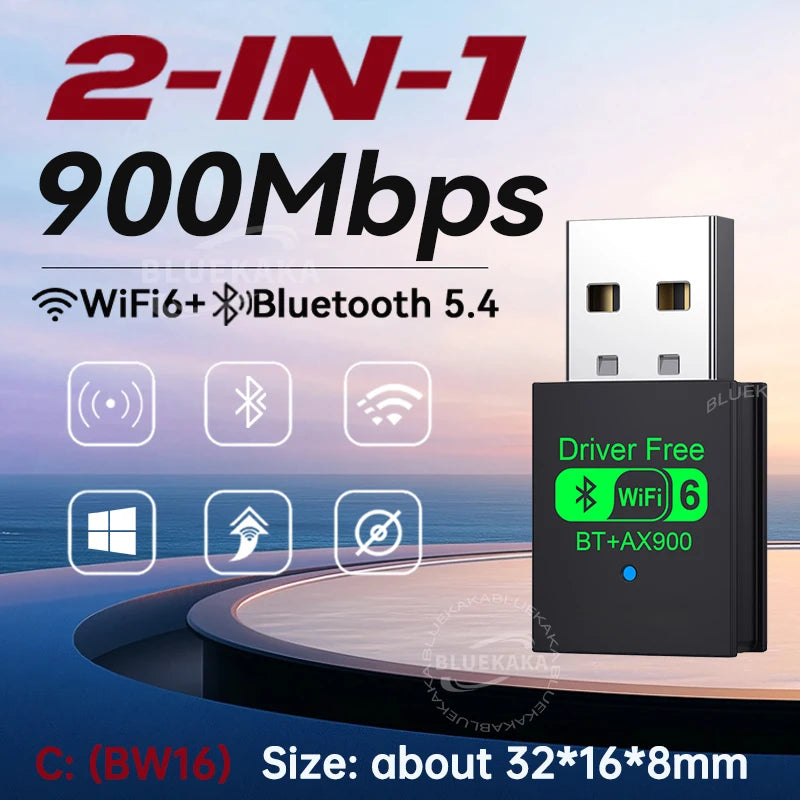 2IN1Mini USB AX900Mbps WiFi6 BT5.4 Network Card 2.4G&5GHz Dongle Wireless Receiver Adapter Driver Free For PC Laptop Win10/11