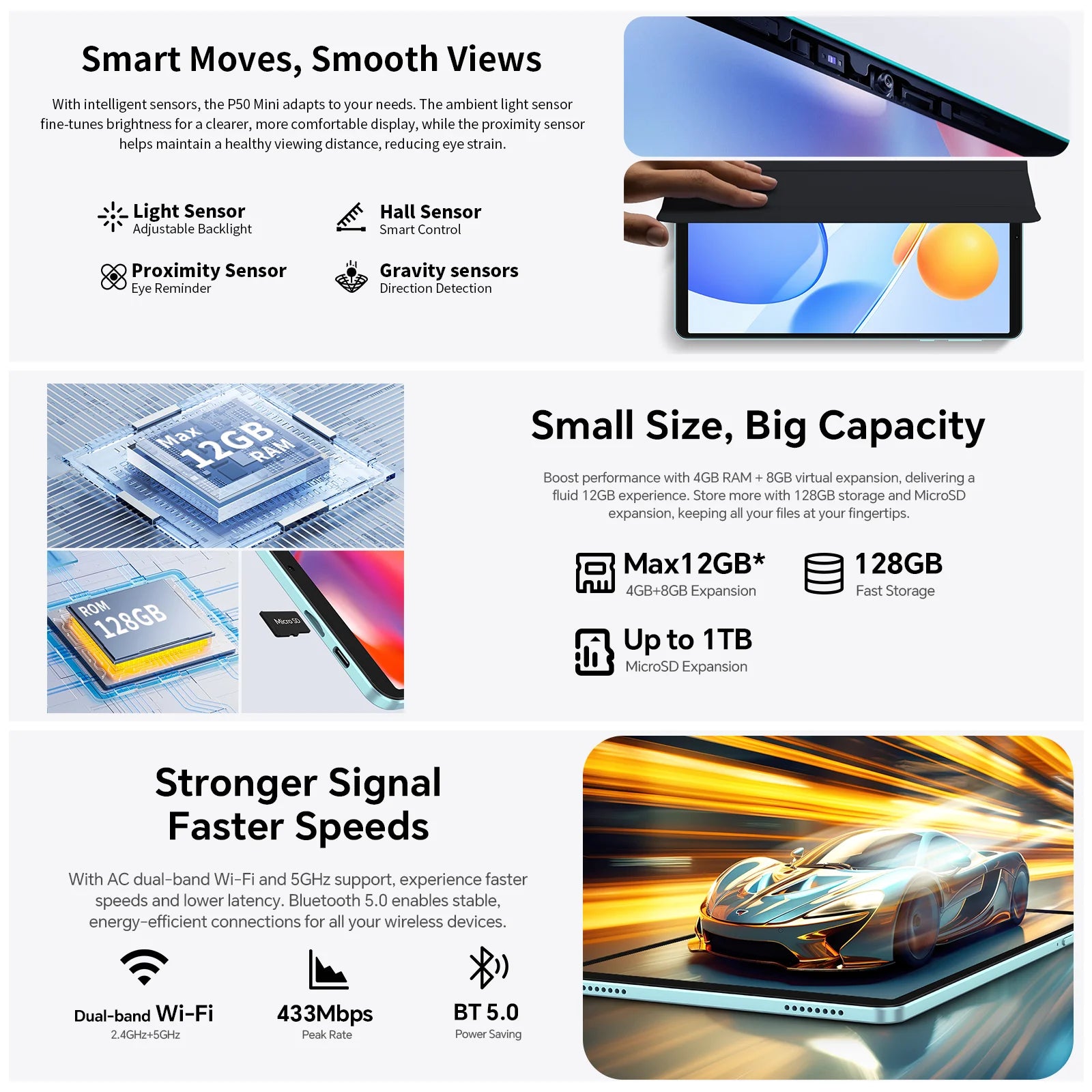 Teclast P50 Mini Tablet Android 15 8.7" IPS 90Hz 12GB(4GB+8GB Expansion)RAM 128GB ROM T606 8-Core 5000mAh GPS Widevine L1 Type-C