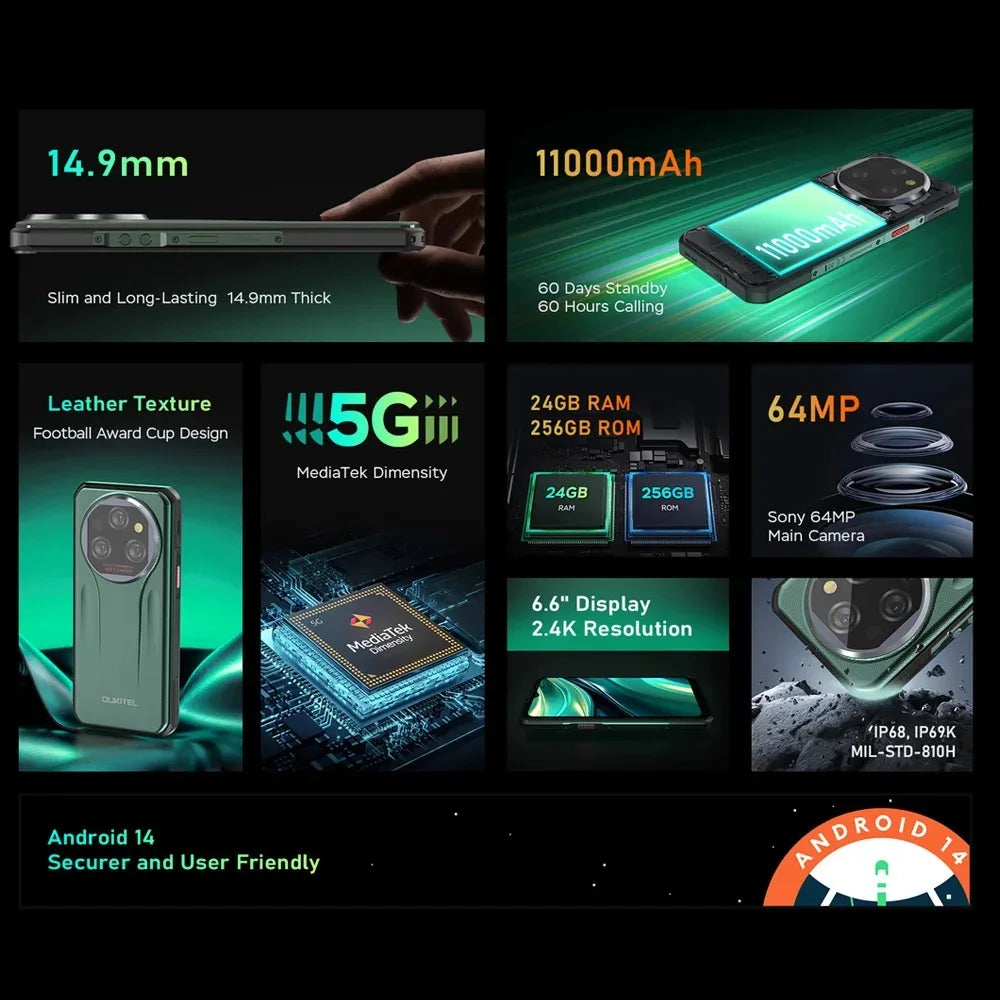 Oukitel wp39 Rugged Smartphone 5G 24GB（6+18)+256GB 6.60"FHD+ 64MP Camera 11000mAh Cell phone Android 14 Global Version