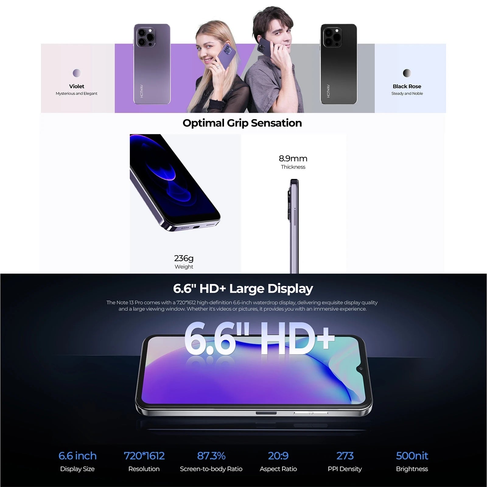 HOTWAV Note 13 Pro Smartphone 16GB+256GB 6.6'' HD+ Display Android 13 Octa-Core Mobile 50MP Camera 5160mAh 18W NFC Cellphone