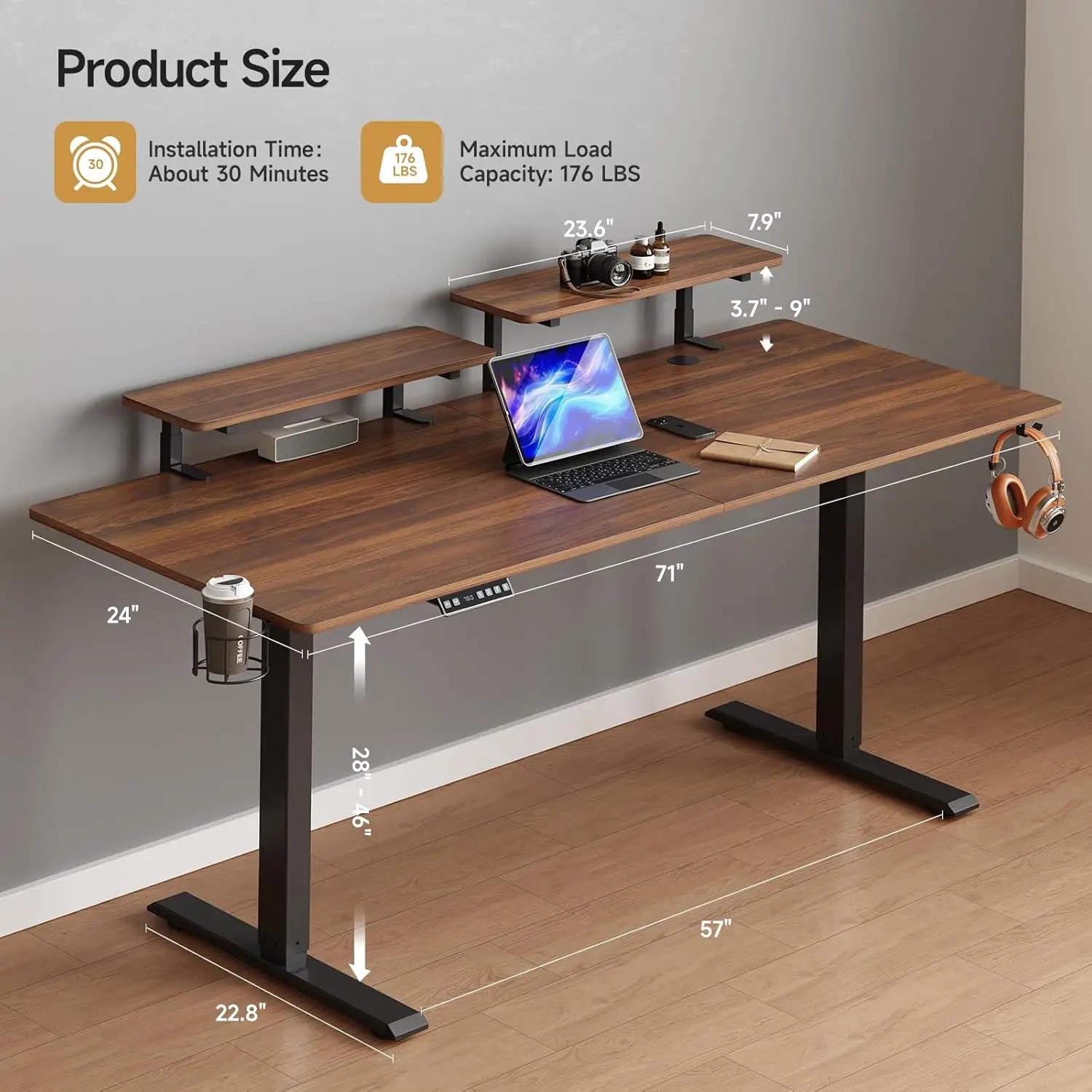 Standing Desk w/ 2 Adjustable Monitor Shelves,Electric Stand Up Desk with Memory Controller & Adjustable Height