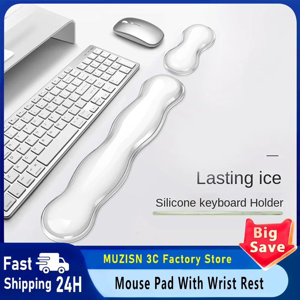 Mouse pad with wrist rest, keyboard rest, anti slip silicone transparent desktop office game console, mouse wrist rest