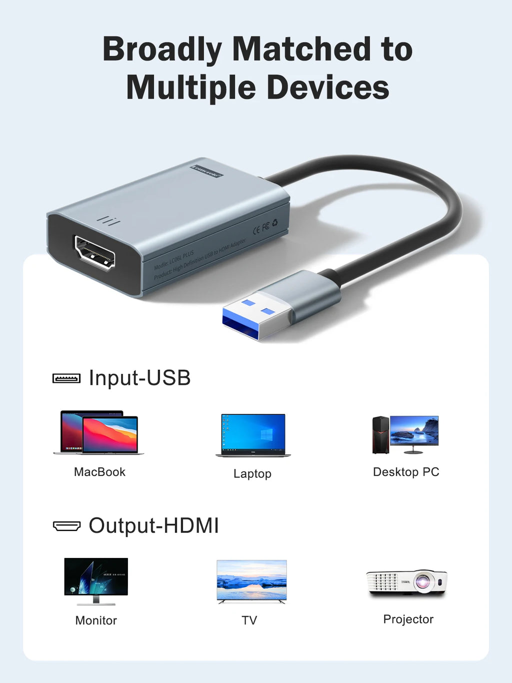 Lemorele USB to HDMI Adapter Compatible Converter 1080P Multiple Displays for Windows macOS Laptops, Monitors, TVs, Projectors