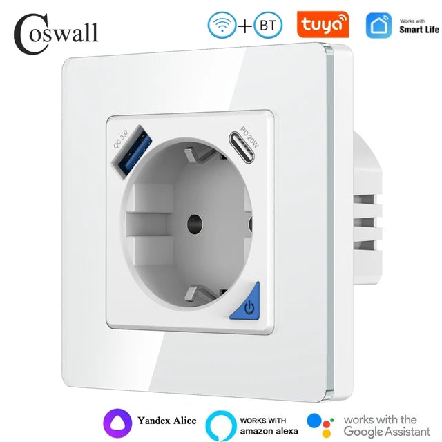 Alice Zigbee Tuya Smart EU Wall Socket With PD 20W Type-C & A Dual USB Fast Charger With Power Monitoring Glass Plate Panel