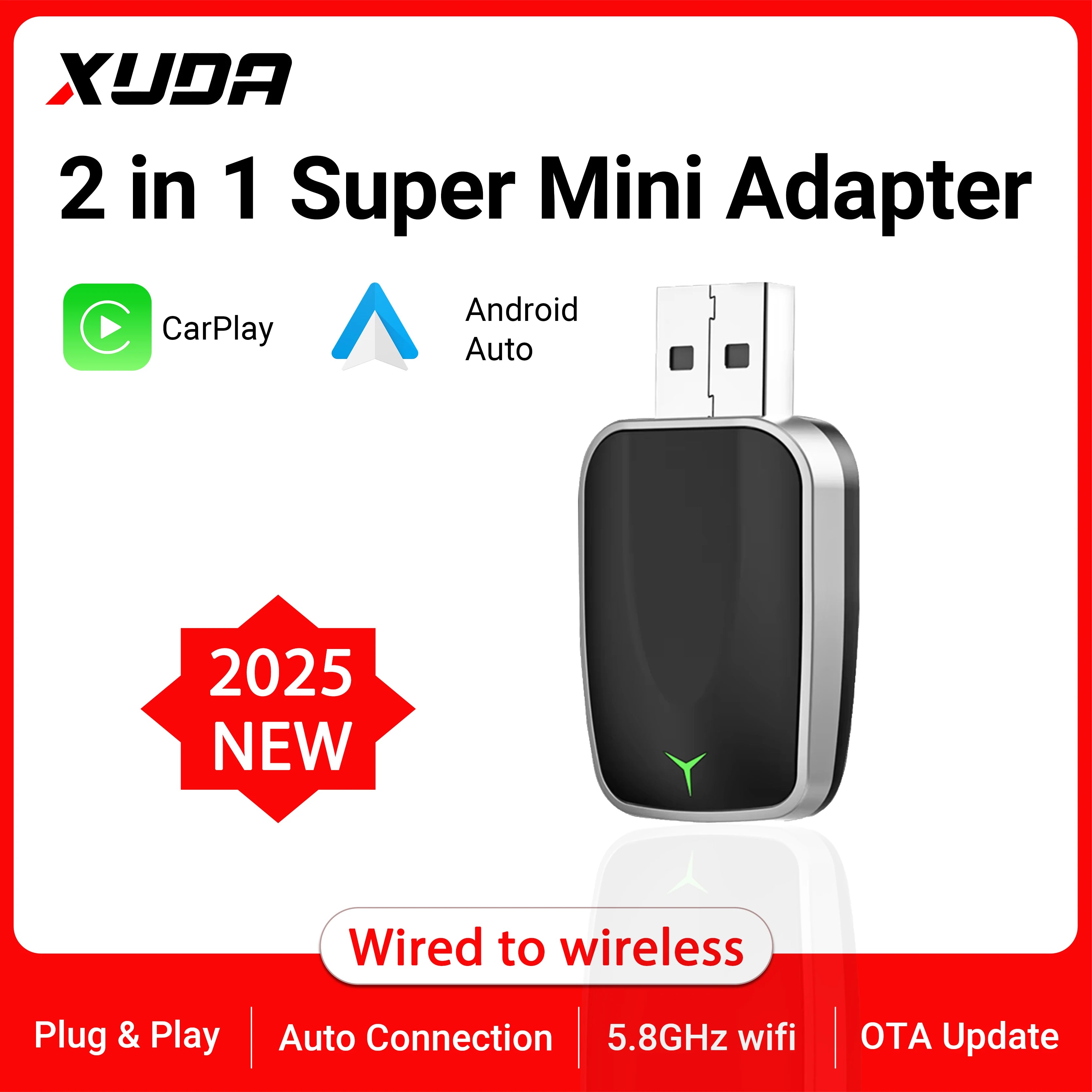 NEW 2in1 Mini  Wireless Carplay Adapter And Android Auto Wireless Adapter  Wired to Wireless Plug And Play  For 99% OEM Cars