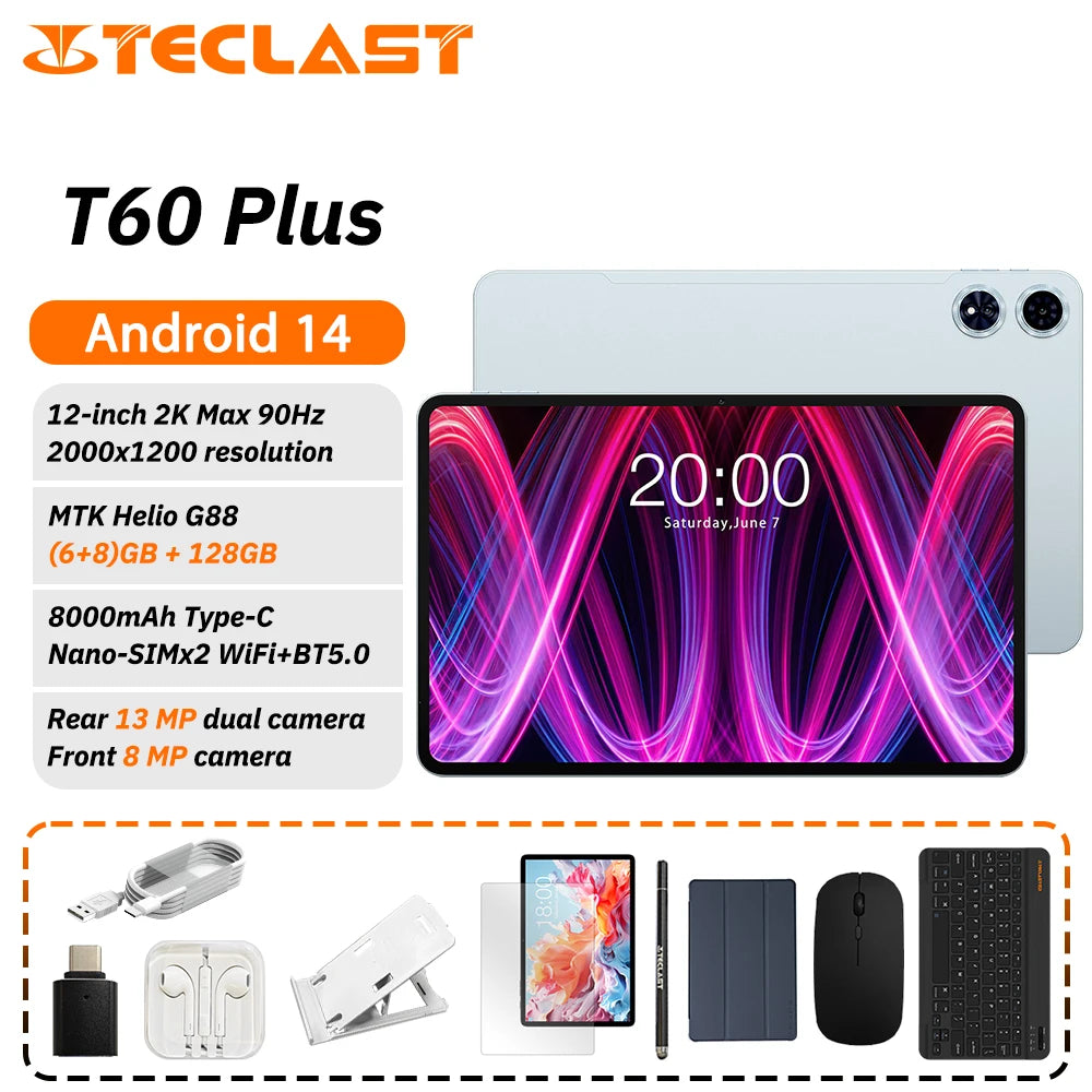 Teclast T60 Plus Tablet 12 inch MTK Helio G88 8-core CPU 6GB RAM 128GB ROM Android 14 Dual-band WiFi BT5.0 8000mAh 13MP+8MP