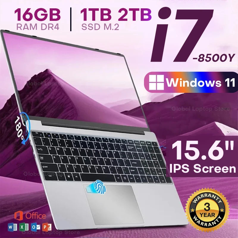 2025 Intel Core i7 8500Y Fingerprint Unlock Notebook Computer 15.6 Inch Windows 11 Pro 16GB RAM 1TB 2TB SSD Office Study Laptop