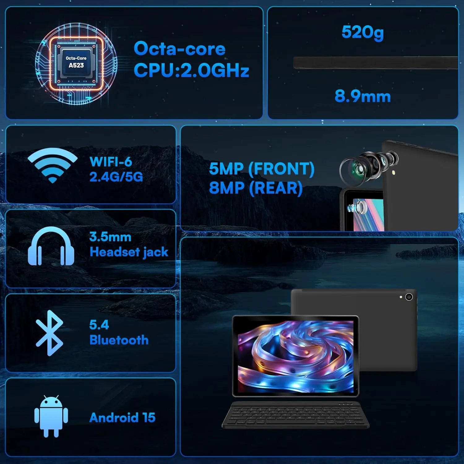 URAO C109L 10 Inch Tablets Android 15 A523 Octa Core Tablet 24GB+128GB 1 TB Expansion WiFi 6 5MP+8MP Camera Keyboard Mouse Set