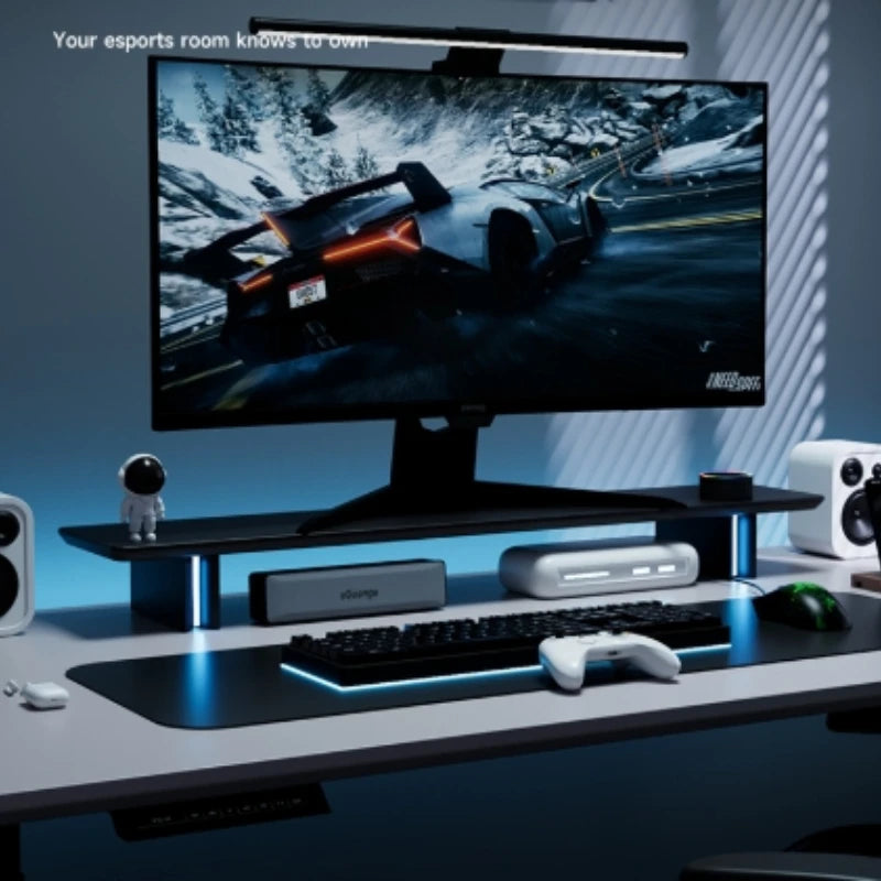 RGB LED Monitor Riser for Gaming Desk, Desktop Screen Elevation Stand, Laptop Holder, Multi-Layer Organizer,  Desk Accessory