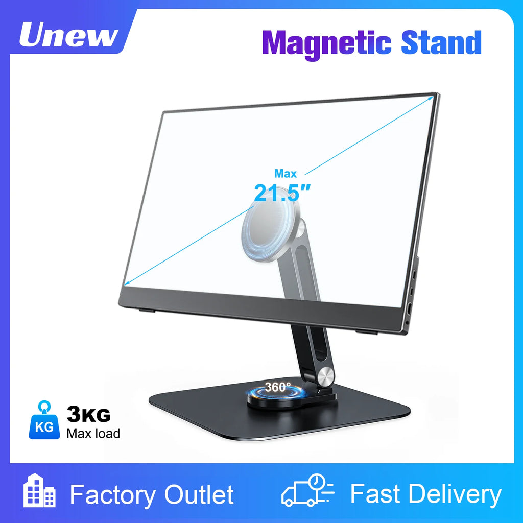 Black Magnetic Metal Stand 360° Rotatable Holder for 7-21.5 inch Portable Monitor, iPad & iPhone Displays,  Stable 3KG Bracket