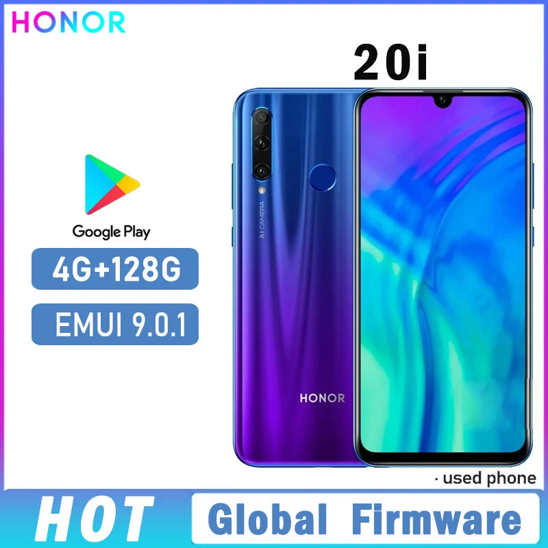 HONOR 20i smartphone global firmware Haisi Qilin 710 EMUI 9.0.1 Fingerprint Recogniti 6.21 inch front camera 32MP used phone