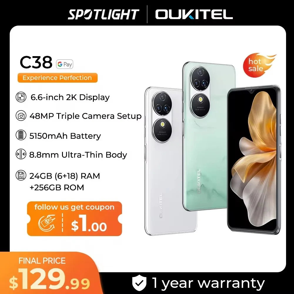 Oukitel C38 Smartphone 6.6" FHD+ 5150mAh 6GB +256GB Mobile Phone 48MP Android 13 Cell phone