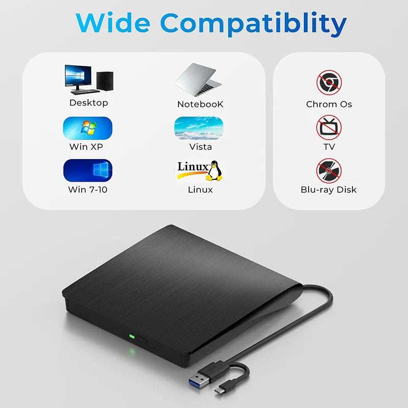 USB 3.0 USB C External CD/DVD RW Drive Read Burner Portable DVD Player Optical Drives For Laptop PC Windows 11 10 Linux OS Mac