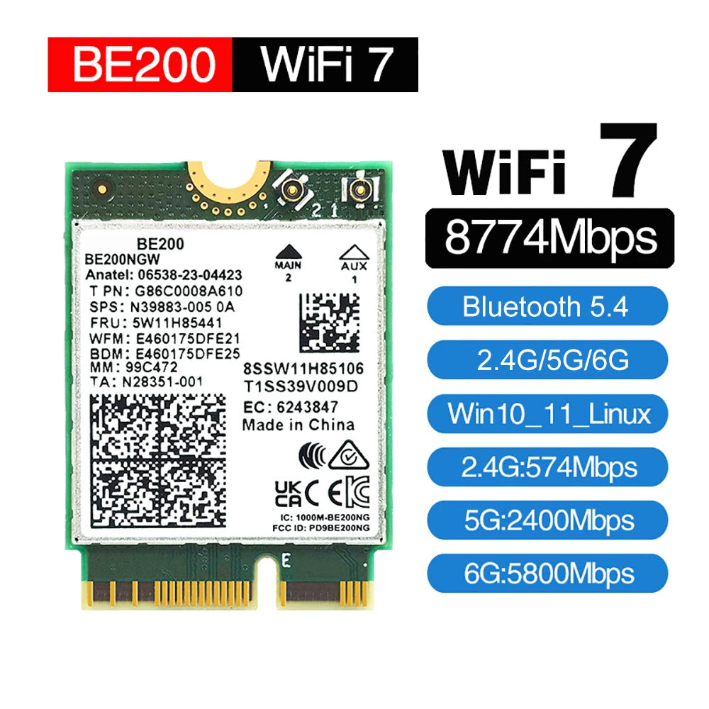 Wi-Fi 7 BE200 Bluetooth 5.4 Wifi Card 8774Mbps BE200NGW Tri-band 2.4/5G/6G Wireless Network Adapter For Windows 10/11 PC Laptop