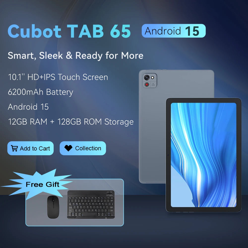 Tablet Cubot TAB 65, Android 15, Octa-Core, 12GB RAM(4GB+8GB), 128GB ROM, 10.1-Inch HD+ 90Hz Screen, 13MP Camera, 6200mAh, OTG
