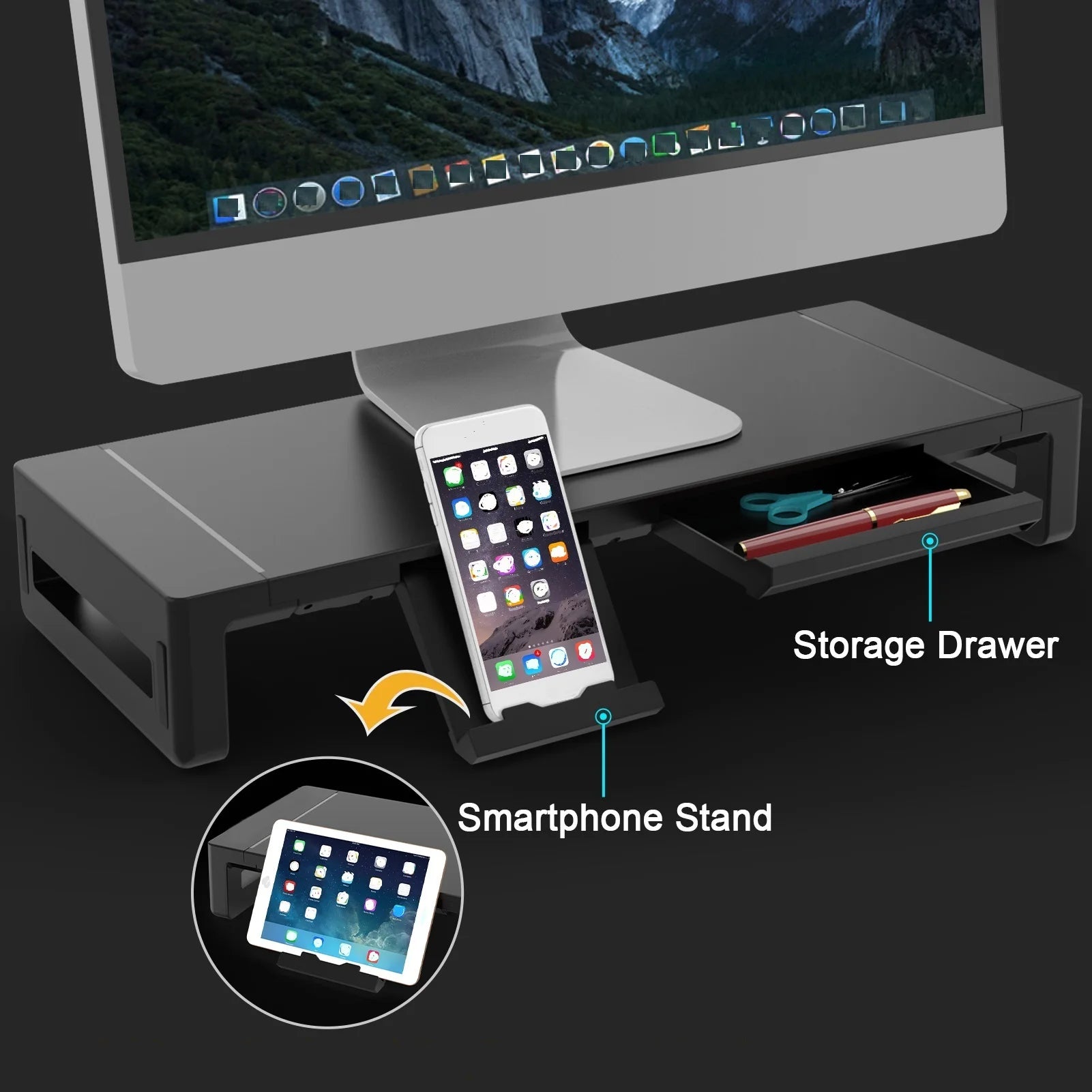 Monitor Stand Riser, Foldable, Height Adjustable Computer Stand, Desk Shelf Riser with Storage Drawer &Tablet Phone